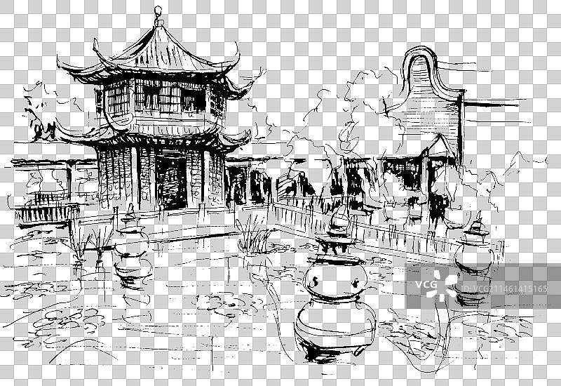 手绘速写江南园林建筑风景旅行图片素材