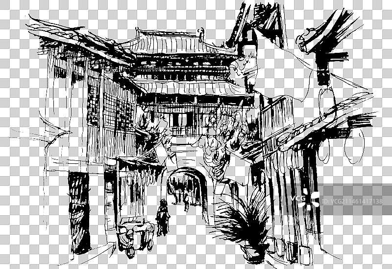 手绘速写古镇古街古建筑商业街街道一角图片素材