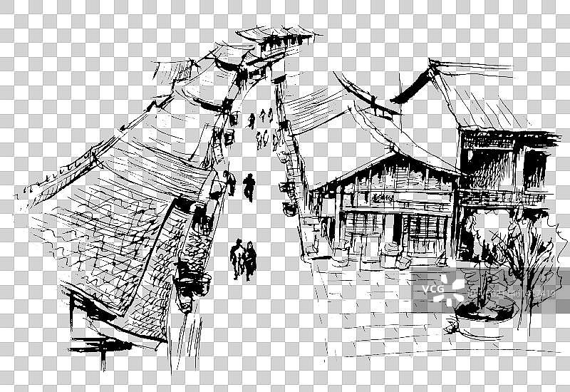 手绘速写古镇古街街角道路上的行人图片素材