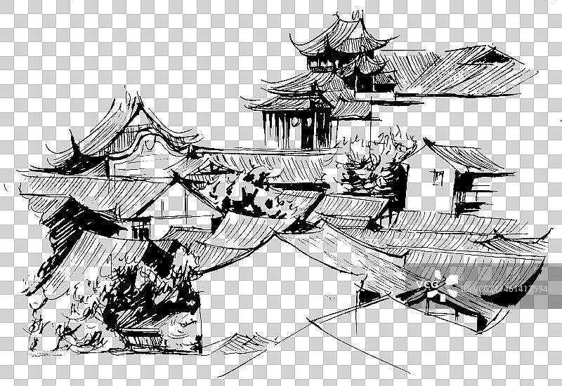 手绘速写古建筑古镇古街旅行旅游图片素材
