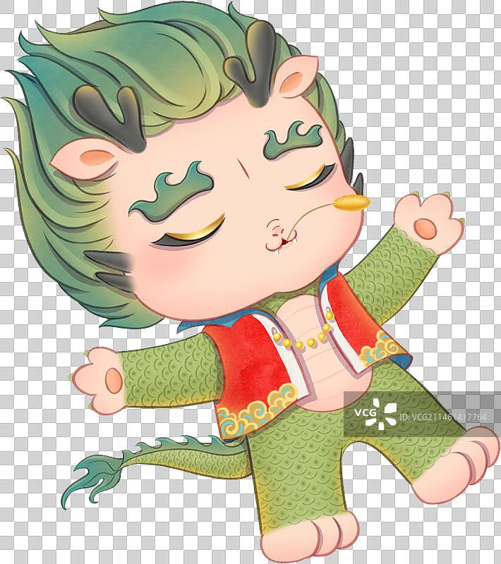 一只可爱的小青龙闭眼躺在地上嘴里叼着狗尾巴草图片素材