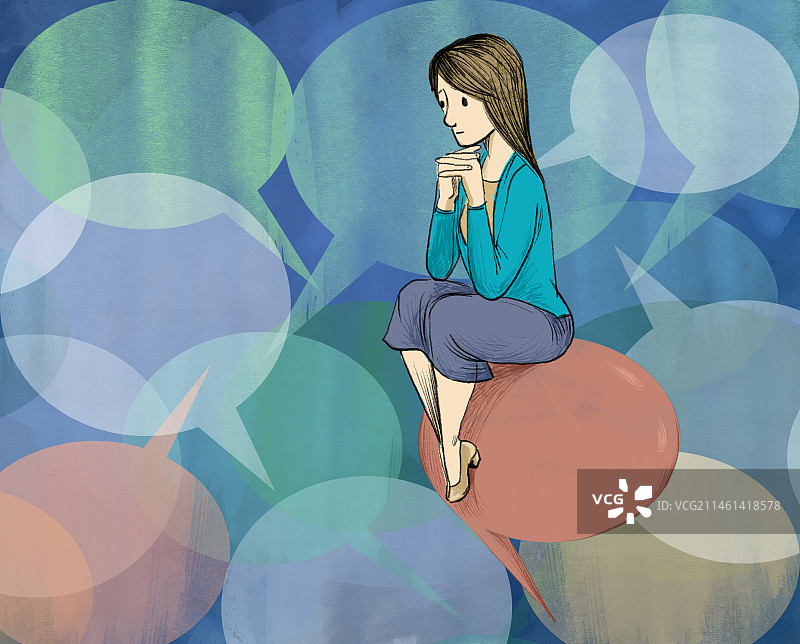 在聊天气泡中沉思的女人图片素材