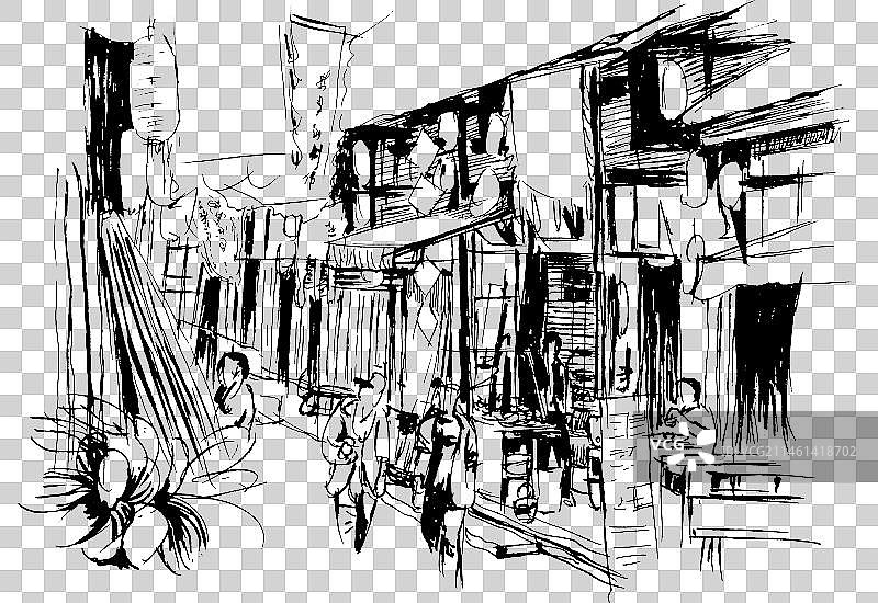 手绘速写街角古镇古街商业街小吃街旅行图片素材