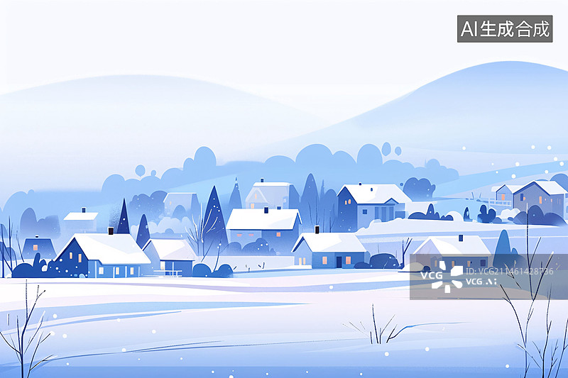 【AI数字艺术】立冬节气概念插图，冬季村庄下雪雪景插画海报图片素材
