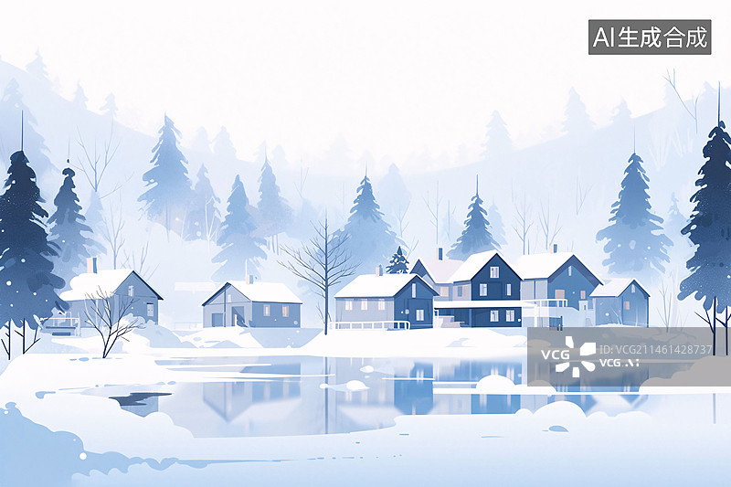 【AI数字艺术】立冬节气概念插图，冬季村庄下雪雪景插画海报图片素材
