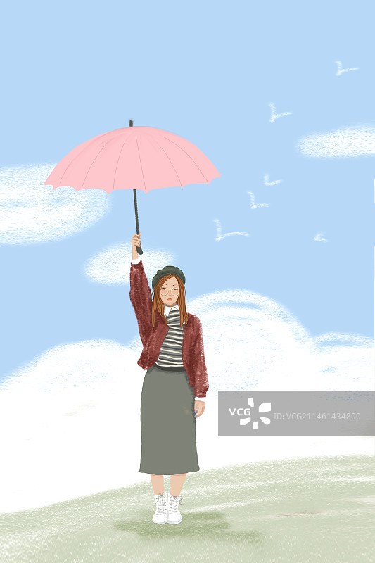 蓝天白云下手举着粉色伞的女孩 手绘蜡笔肌理 插画 背景素材图片素材