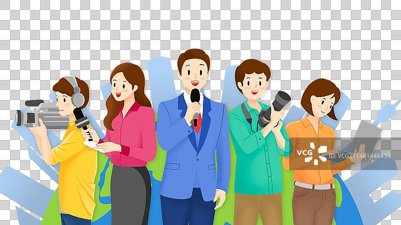 中国记者节媒体工作者新闻主播摄像摄影新闻记者编辑职业专业人物团队城市地球透明底扁平人物半身像插画素材图片素材
