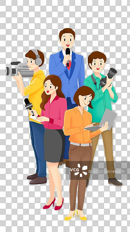 新闻记者媒体工作者新闻主播摄像摄影编辑职业人物团队中国记者节透明底全身人像扁平插画素材图片素材