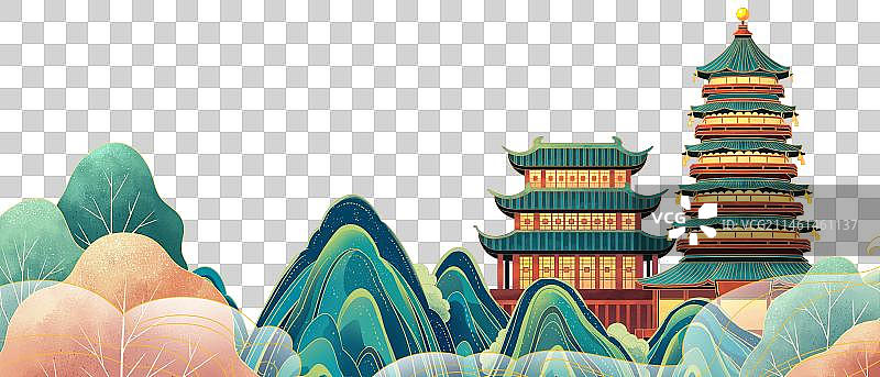 国潮风新中式插画山前华丽的古建筑和高塔图片素材