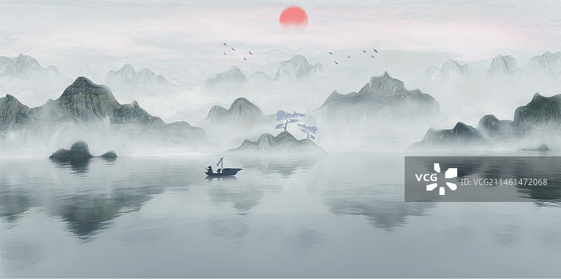 新中式蓝色水墨意境山水画图片素材