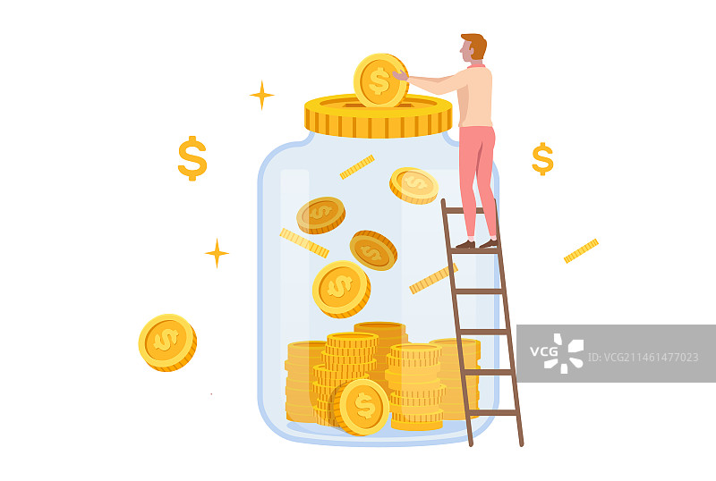 金融储蓄罐钱币扁平风插画图片素材