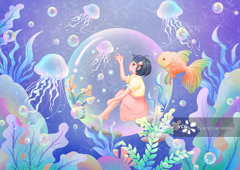 在海里探索的女孩坐在泡泡里，和鱼、水母、海草完美邂逅。图片素材