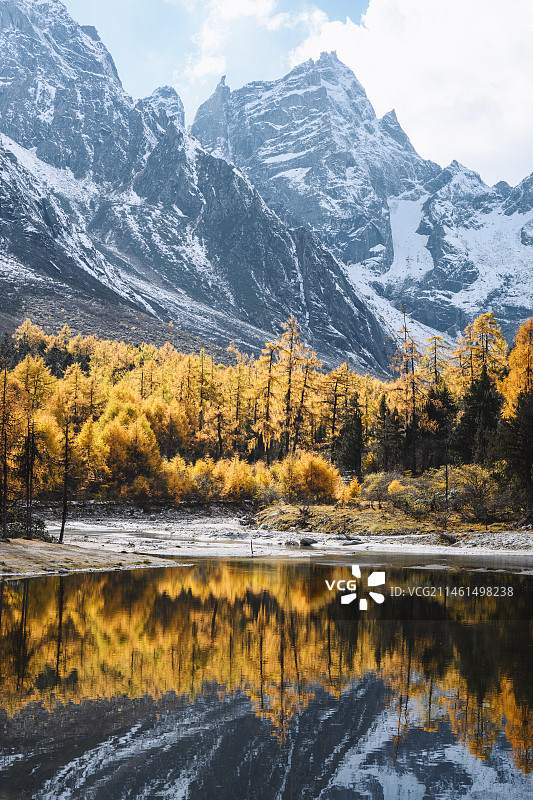 秋季毕棚沟雪山下的森林和红山湖图片素材