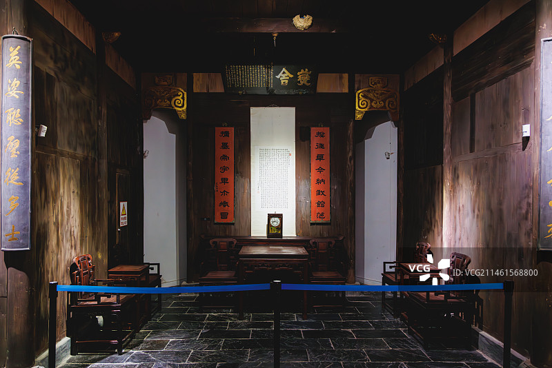 安徽中国徽州文化博物馆馆藏徽派建筑古代内部建筑结构和装修风格图片素材