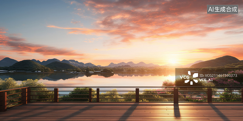 【AI数字艺术】露台阳台躺椅与山水自然风景背景图片素材