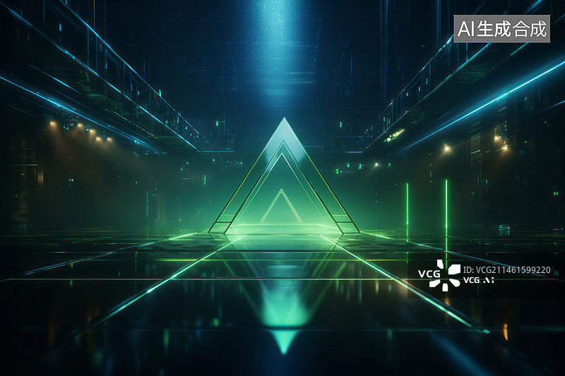 【AI数字艺术】建筑空间中的发光三角形绿色科技背景图图片素材