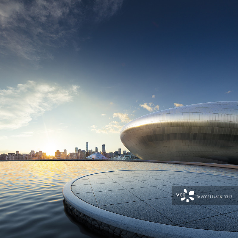 水面上圆形展台地面与现代城市天际线,现代建筑空间，汽车广告背景图图片素材