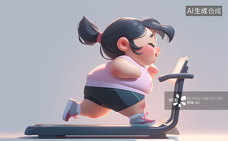 【AI数字艺术】一个胖女孩在跑步机上跑步健身减肥插画图片素材