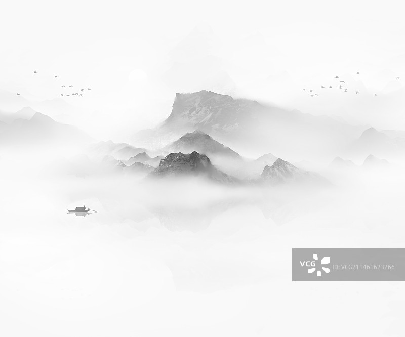 手绘中国风意境水墨山水风景画图片素材