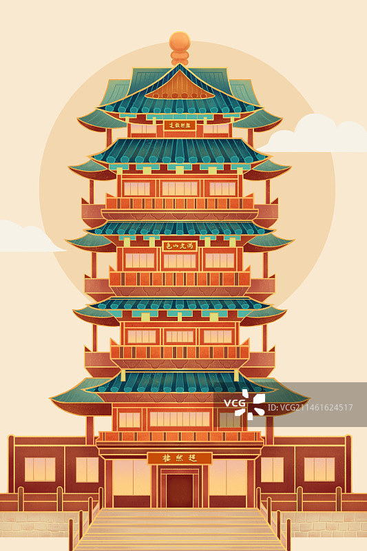 新国风插画 超然楼插画 大明湖插画图片素材