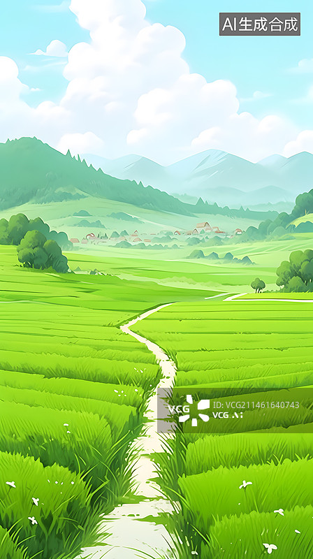 【AI数字艺术】绿色乡村唯美插画图片素材