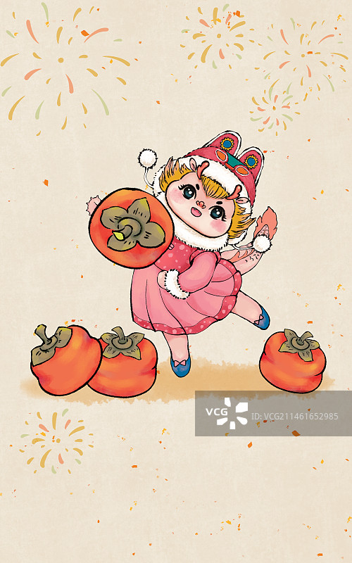 2024龙年新年祝福语系列插画-柿子-事事如意图片素材