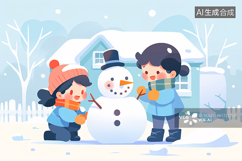 【AI数字艺术】立冬节气概念插图，冬天户外小孩去堆雪人插画图片素材