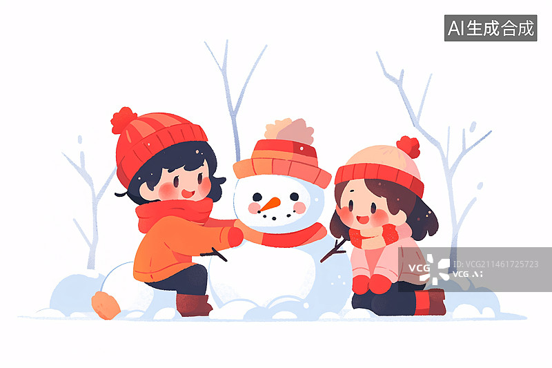 【AI数字艺术】立冬节气概念插图，冬天户外小孩去堆雪人插画图片素材