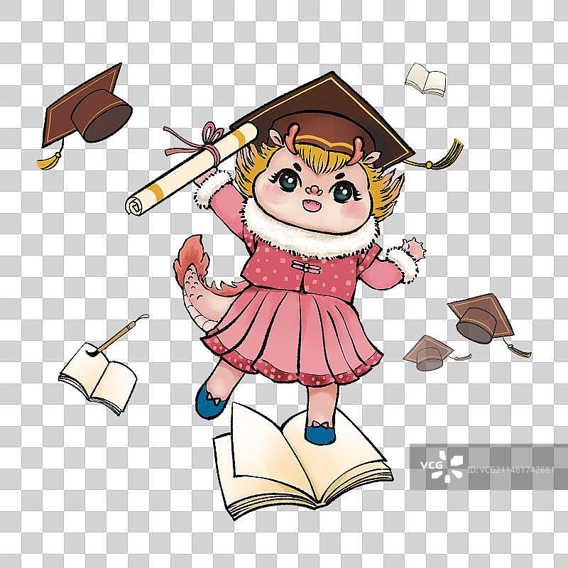 2024年龙年春节祝福语系列插画元素-龙吉祥物戴着学士帽拿着考卷-学业有成图片素材