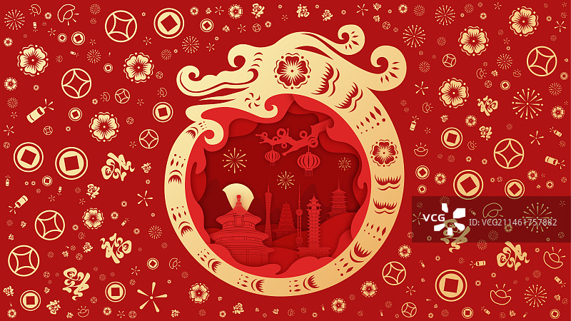 春节龙年红色剪纸插画素材图片素材