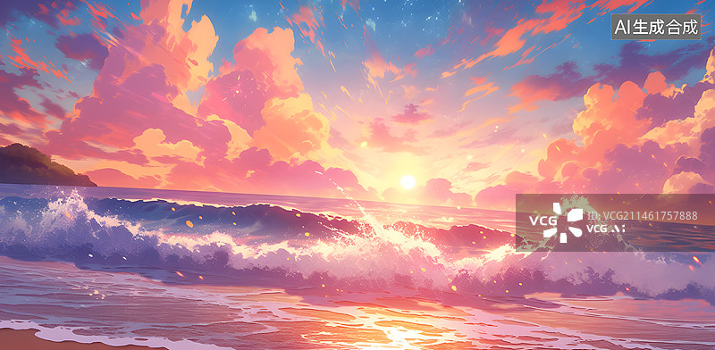 【AI数字艺术】落日海滩风景插画图片素材