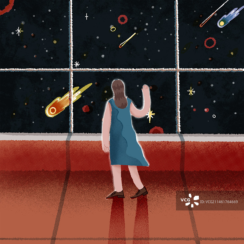 在窗前眺望远方星空的少女图片素材