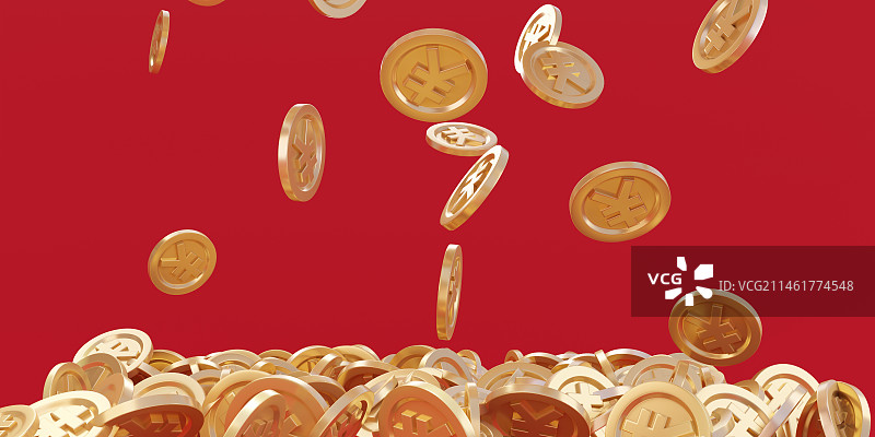 3d渲染的红色背景下降落的金币图片素材