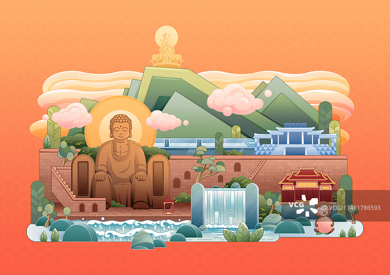 乐山大佛峨眉山金顶旅游扁平插画图片素材
