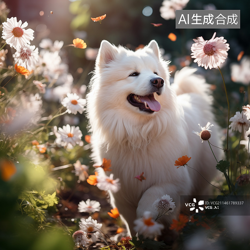 【AI数字艺术】一只萨摩耶犬在草地上和鲜花中奔跑图片素材