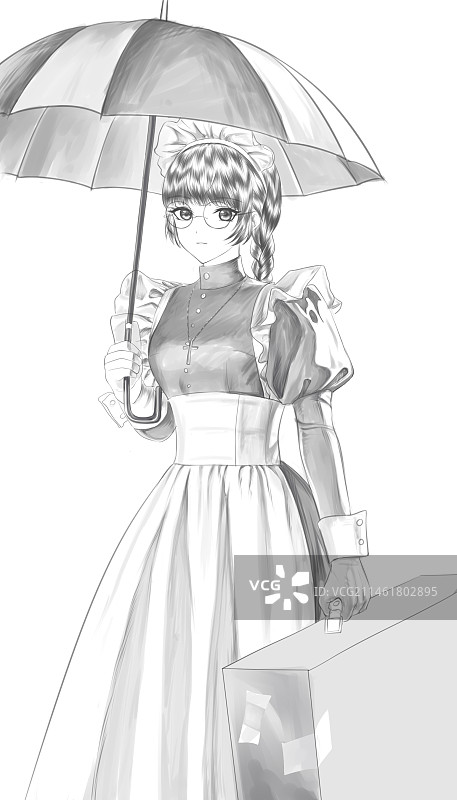 黑白二次元拿伞的女仆女孩图片素材