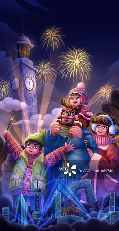 全家人跨年插画图片素材