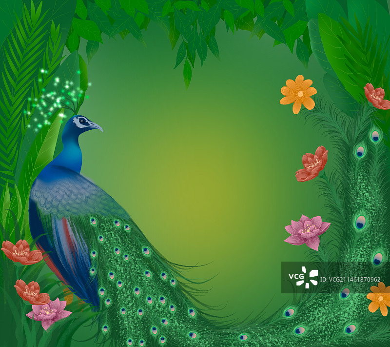 一只尾巴上盛开繁花的孔雀灵鸟图片素材