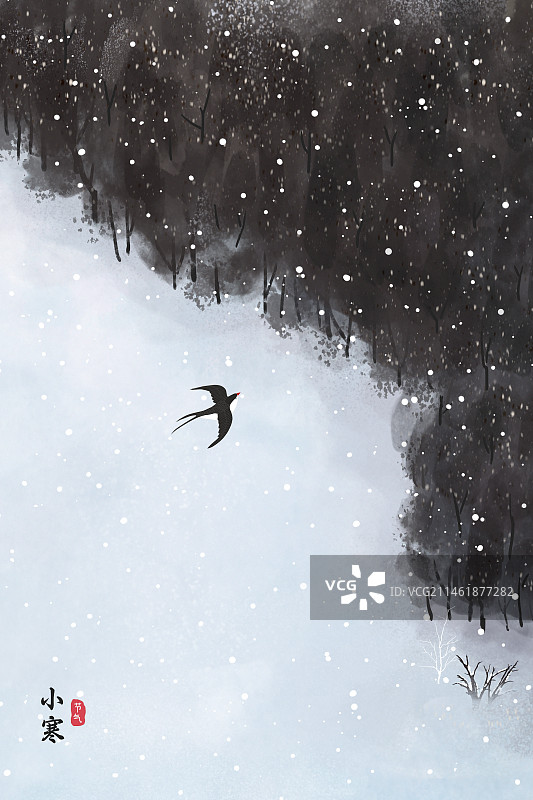 大雪纷分冬季水墨雪景插画 雪山森林风景画图片素材