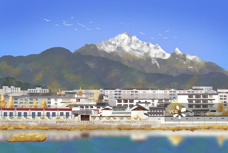 秋天山脚下的一个美丽湖边小镇图片素材