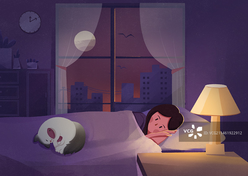 夜晚室内女孩独自一人躺在床上插画图片素材