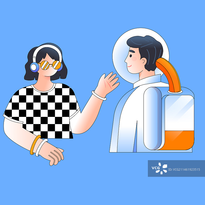 卡通消费电商促销优惠科技概念网购宇航员虚拟现实邀请好友送礼跨时空异地恋情侣约会商务商城渐变矢量插画图片素材