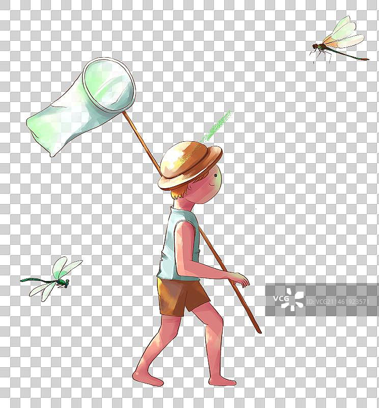 抓蜻蜓的小孩卡通插画透明元素图片素材