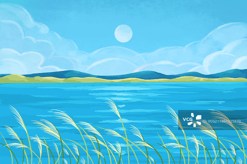 大海芦苇治愈系风景插画图片素材