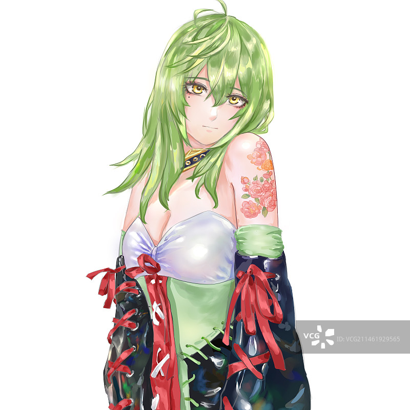 绿色头发少女二次元插画图片素材