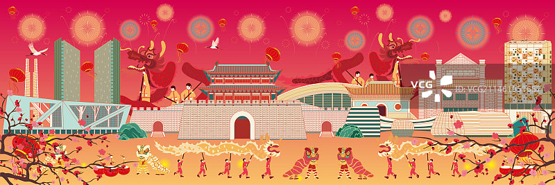 国风地标系列—国潮风春节国庆节唐山城市地标全景矢量插画图片素材