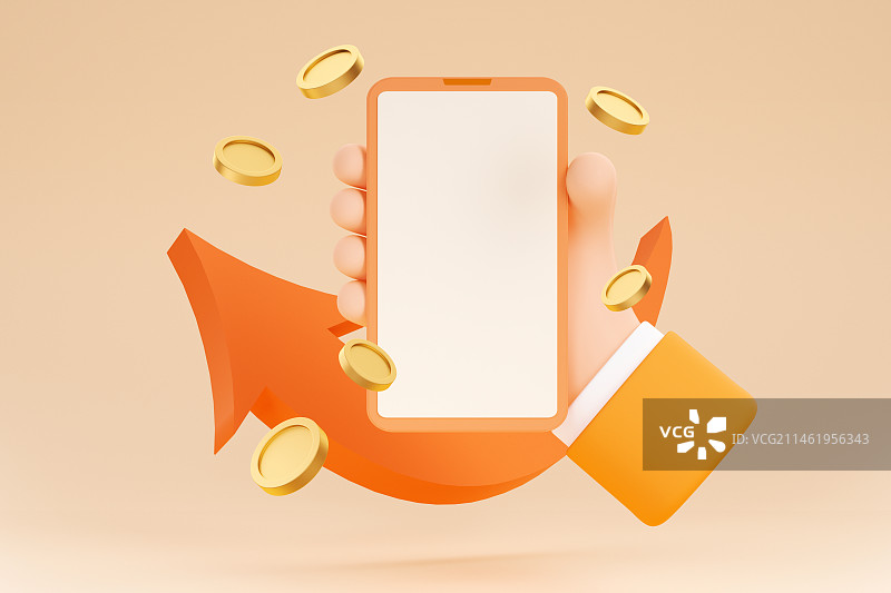 3D渲染卡通手拿手机金融理财插画图片素材