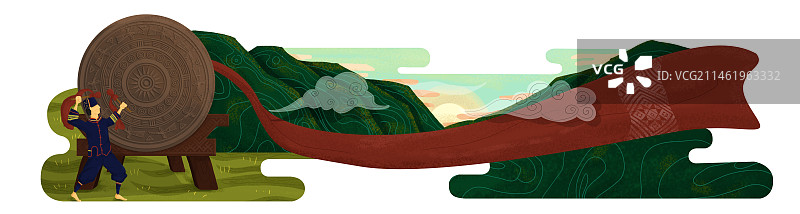 广西壮族男人敲击铜鼓图片素材