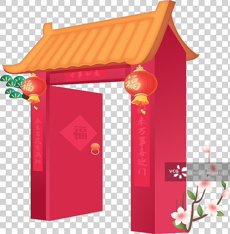 龙年春节元素红色喜庆素材门楼大门插画图片素材