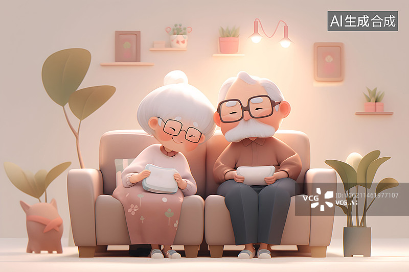 【AI数字艺术】一对可爱的老年夫妻坐在沙发上插画图片素材
